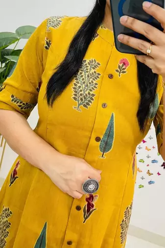 floral printed yellow round neck  cotton a-line kurta with trouser