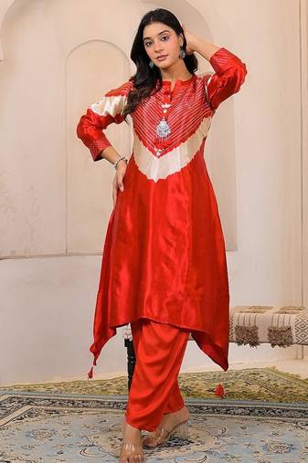 floral printed orange round neck muslin a-line kurta with trouser