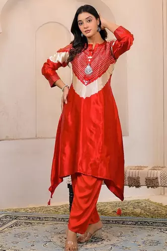 Aaysa floral printed orange round neck muslin a-line kurta with trouser