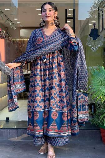 Aaysa floral embroidered blue round neck pure cotton a-line kurta with trouser and dupatta