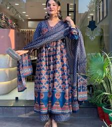 Aaysa floral embroidered blue round neck pure cotton a-line kurta with trouser and dupatta