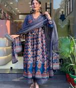 Aaysa floral embroidered blue round neck pure cotton a-line kurta with trouser and dupatta