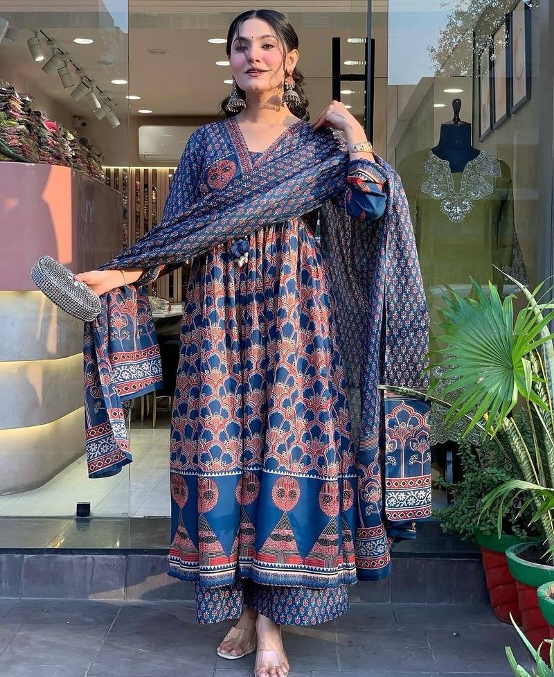 Aaysa floral embroidered blue round neck pure cotton a-line kurta with trouser and dupatta