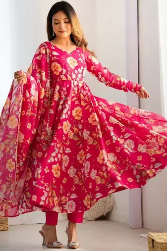 floral embroidered pink round neck silk anarkali kurta with trouser and dupatta