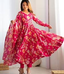 Aaysa floral embroidered pink round neck silk anarkali kurta with trouser and dupatta