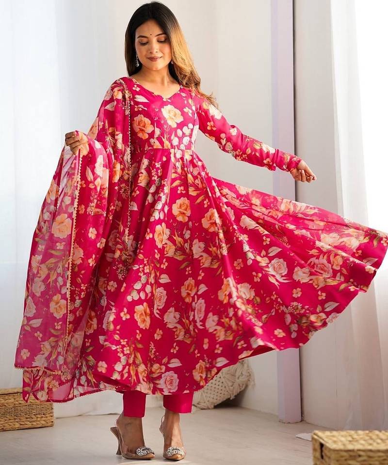 Aaysa floral embroidered pink round neck silk anarkali kurta with trouser and dupatta