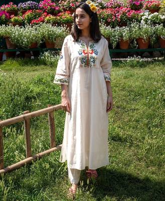 floral embroidered white round neck silk blend anarkali kurta with trouser 1
