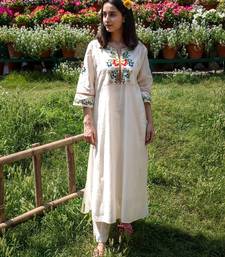 Aaysa floral embroidered white round neck silk anarkali kurta with trouser