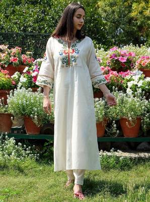 floral embroidered white round neck silk blend anarkali kurta with trouser 2