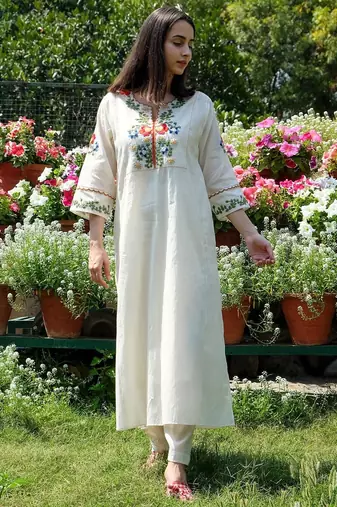 floral embroidered white round neck silk blend anarkali kurta with trouser