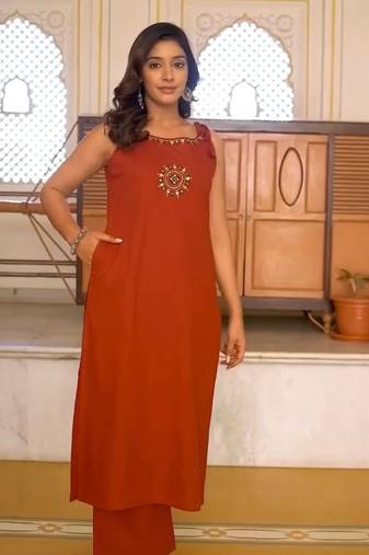 Rust Orange  Embroidered Cotton Kurta and Pant Set