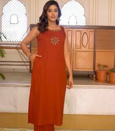 Rust Orange  Embroidered Cotton Kurta and Pant Set