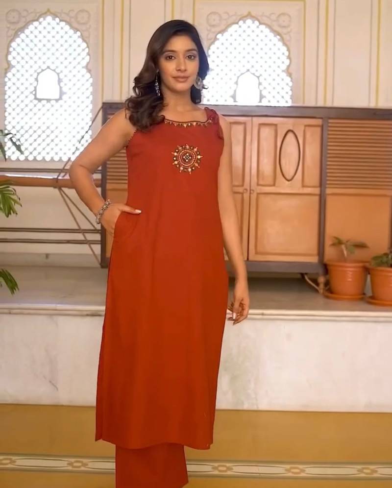 Rust Orange  Embroidered Cotton Kurta and Pant Set