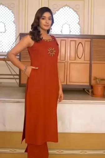 Rust Orange  Embroidered Cotton Kurta and Pant Set