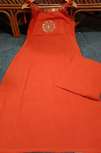 Rust Orange  Embroidered Cotton Kurta and Pant Set