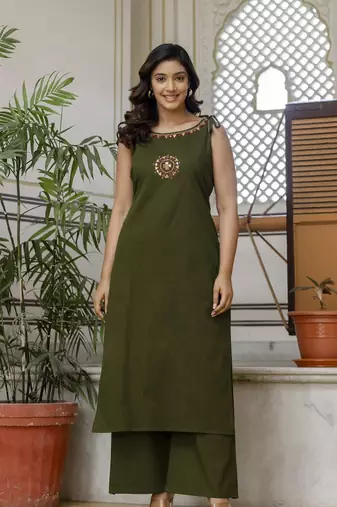Olive Green Embroidered Cotton Kurta and Pant Set