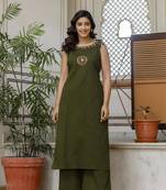 Olive Green Embroidered Cotton Kurta and Pant Set