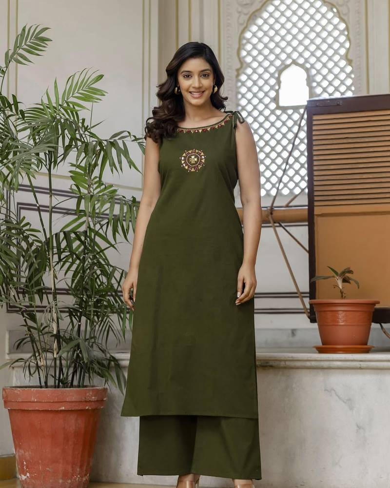 Olive Green Embroidered Cotton Kurta and Pant Set