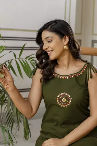 Olive Green Embroidered Cotton Kurta and Pant Set