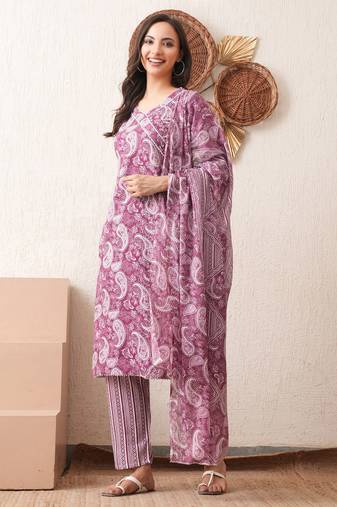 Women printed rayon occasional magenta straight kurta pant dupatta set
