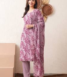 Women printed rayon occasional magenta straight kurta pant dupatta set