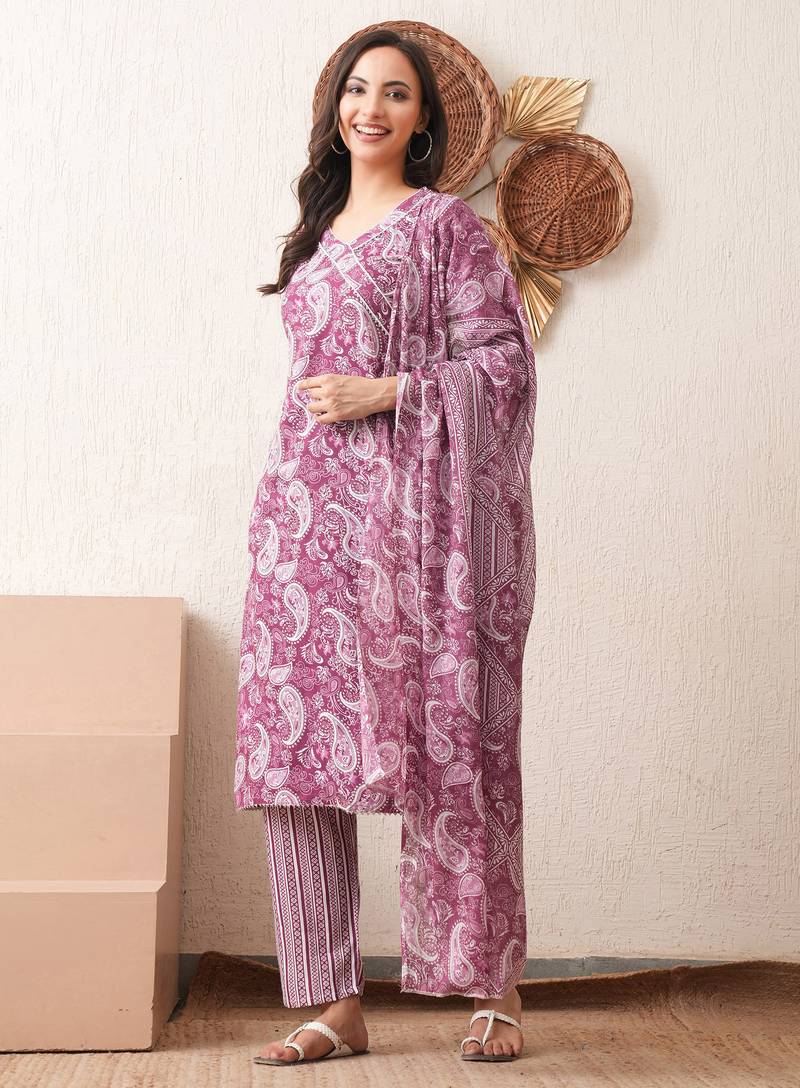Women printed rayon occasional magenta straight kurta pant dupatta set