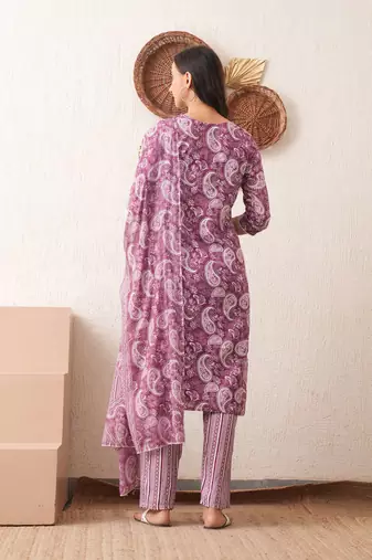 Women printed rayon occasional magenta straight kurta pant dupatta set