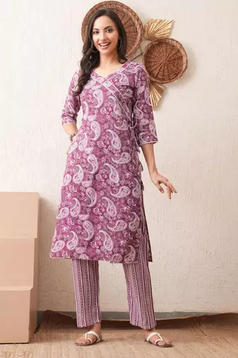 Women printed rayon occasional magenta straight kurta pant dupatta set