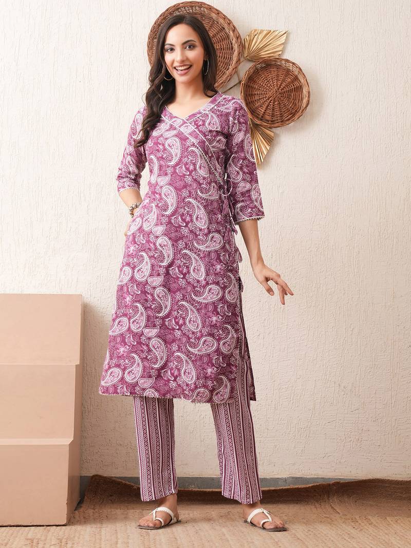 Women printed rayon occasional magenta straight kurta pant dupatta set