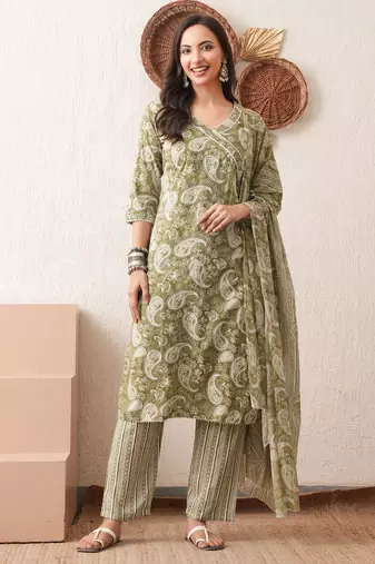 Women printed rayon occasional green straight kurta pant dupatta set