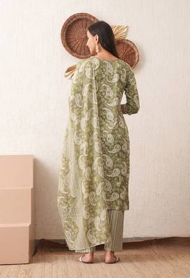 Women printed rayon occasional green straight kurta pant dupatta set 2