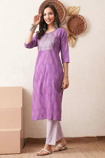 Gold embroidered chikankari  pure cotton ligh purple straight kurta pant set