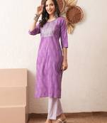 Gold embroidered chikankari  pure cotton ligh purple straight kurta pant set