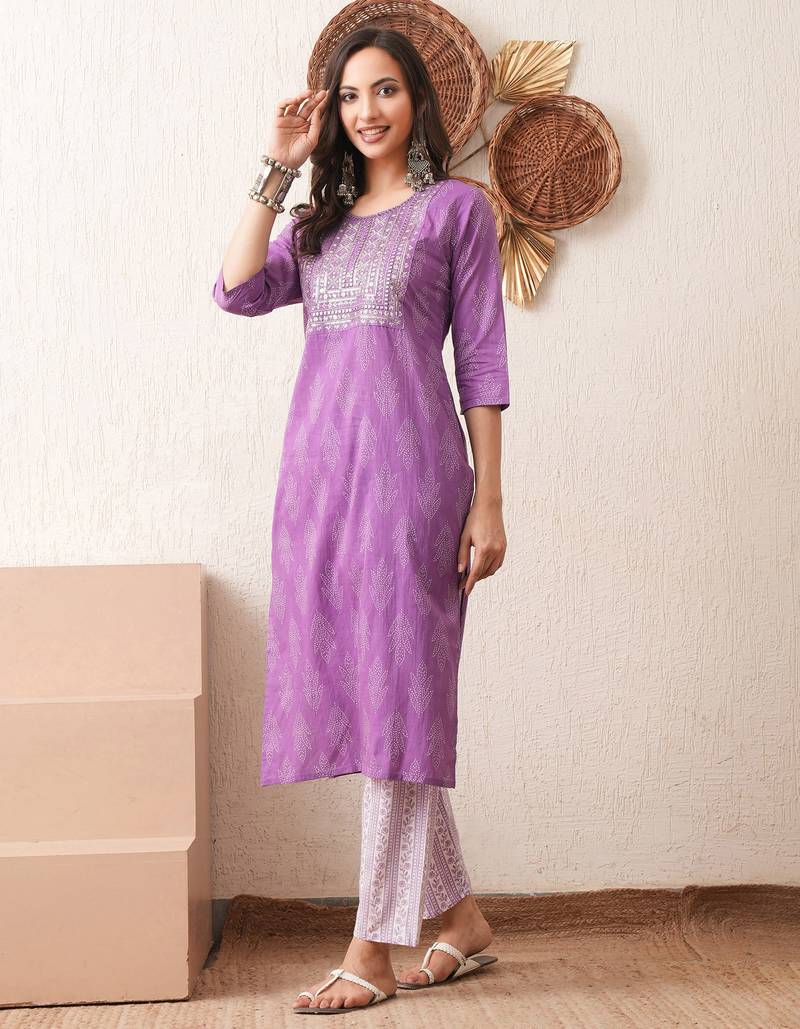 Gold embroidered chikankari  pure cotton ligh purple straight kurta pant set