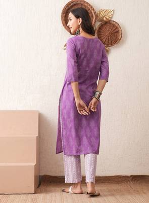 Gold embroidered chikankari  pure cotton ligh purple straight kurta pant set 2