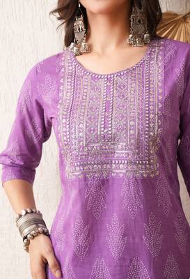 Gold embroidered chikankari  pure cotton ligh purple straight kurta pant set 4