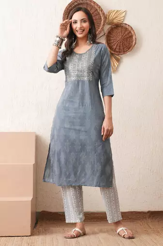 Gold embroidered chikankari  pure cotton grey straight kurta pant set