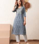 Gold embroidered chikankari  pure cotton grey straight kurta pant set