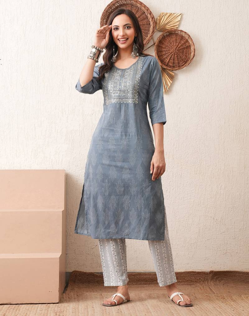 Gold embroidered chikankari  pure cotton grey straight kurta pant set