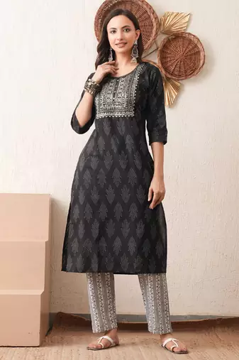 Gold embroidered chikankari  pure cotton black straight kurta pant set