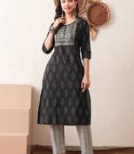 Gold embroidered chikankari  pure cotton black straight kurta pant set