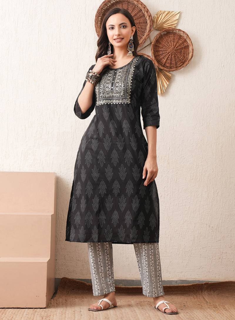 Gold embroidered chikankari  pure cotton black straight kurta pant set