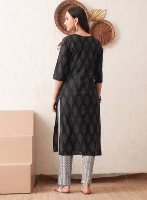 Gold embroidered chikankari  pure cotton black straight kurta pant set 2