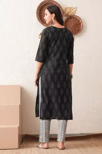 Gold embroidered chikankari  pure cotton black straight kurta pant set