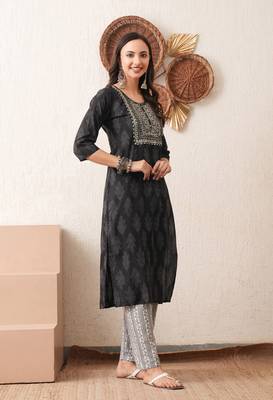 Gold embroidered chikankari  pure cotton black straight kurta pant set 3