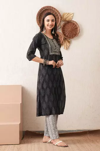 Gold embroidered chikankari  pure cotton black straight kurta pant set