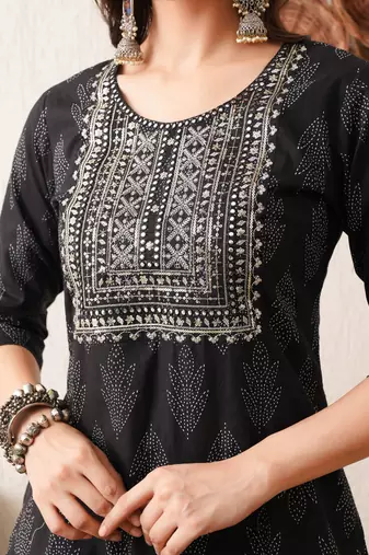 Gold embroidered chikankari  pure cotton black straight kurta pant set