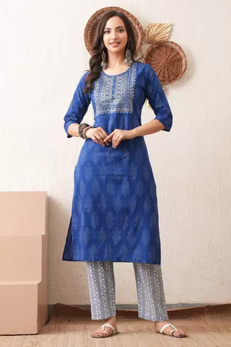 Gold embroidered chikankari  pure cotton blue straight kurta pant set
