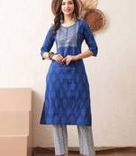 Gold embroidered chikankari  pure cotton blue straight kurta pant set
