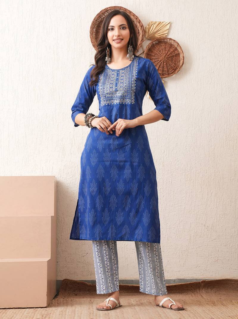 Gold embroidered chikankari  pure cotton blue straight kurta pant set